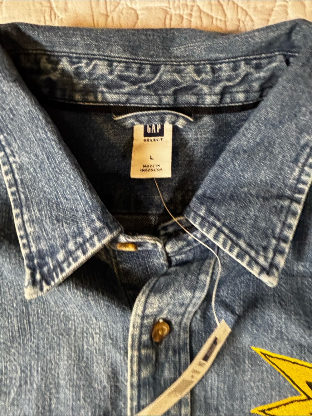 GAP Men's Light Blue Denim Button-Down Shirt with Yellow Patch